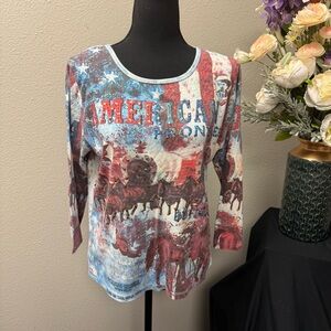 AMERICAN FRONTIER Graphic Studded Texas Western Tee Top L Red Patriotic USA